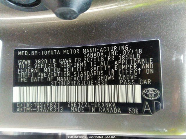 2T1BURHE6JC061930 Toyota COROLLA LE