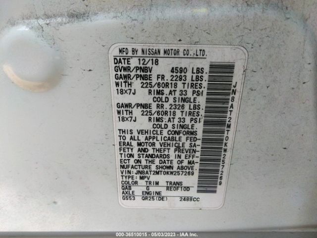 JN8AT2MT0KW257269 Nissan ROGUE SV