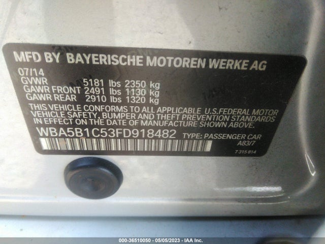 36510050 :رقم المزاد ، WBA5B1C53FD918482 vin ، 2015 Bmw 5 Series 535i مزاد بيع
