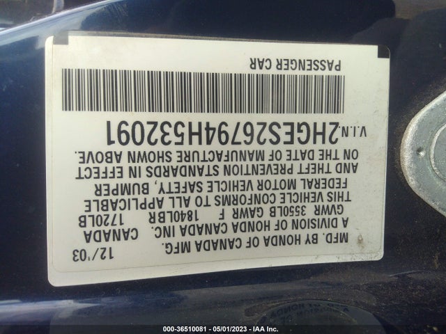 2004 HONDA CIVIC EX VIN: 2HGES26794H532091