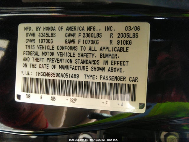 2006 HONDA ACCORD SDN EX-L V6 VIN: 1HGCM66596A051489