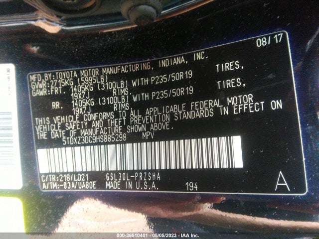2017 TOYOTA SIENNA SE VIN: 5TDXZ3DC9HS885298