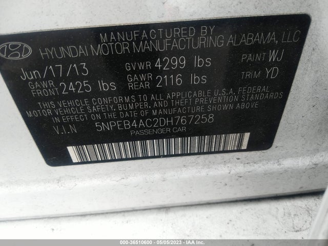 2013 HYUNDAI SONATA GLS VIN: 5NPEB4AC2DH767258