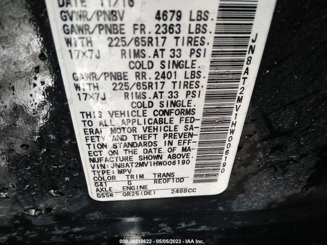 2017 NISSAN ROGUE S VIN: JN8AT2MV1HW006190