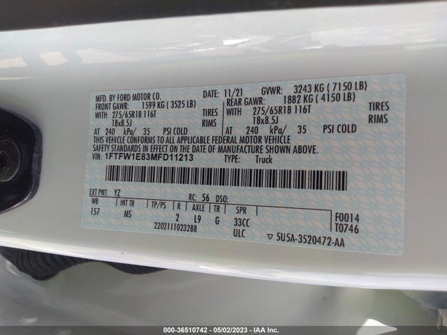 2021 FORD F-150 XL/XLT/LARIAT VIN: 1FTFW1E83MFD11213
