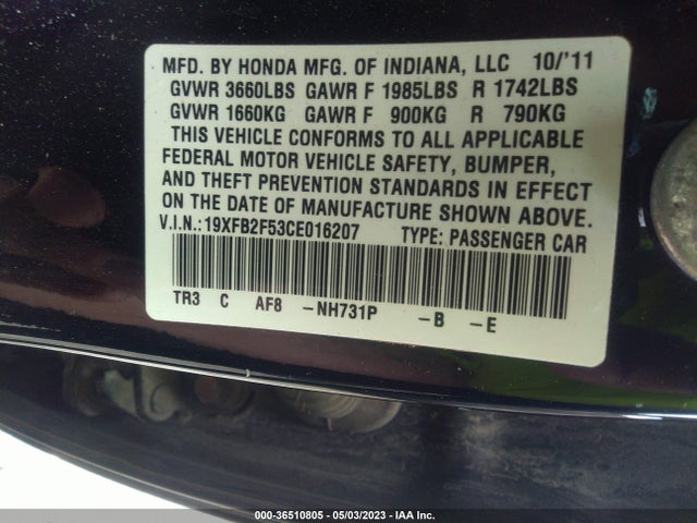 2012 HONDA CIVIC SDN LX VIN: 19XFB2F53CE016207