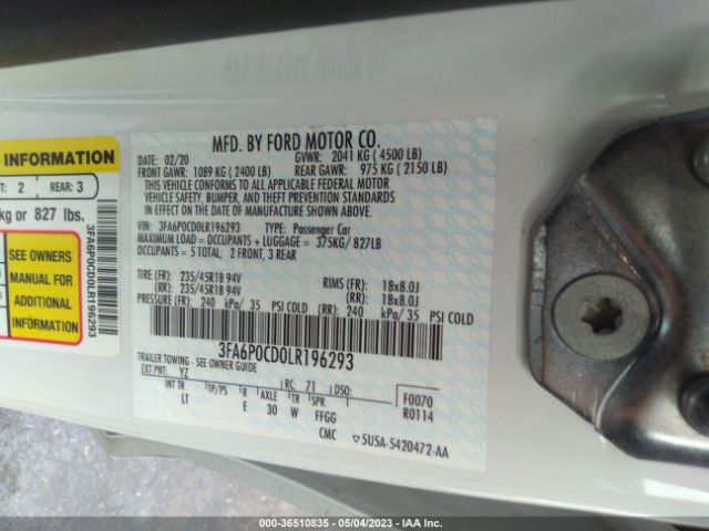 3FA6P0CD0LR196293 Ford FUSION SEL
