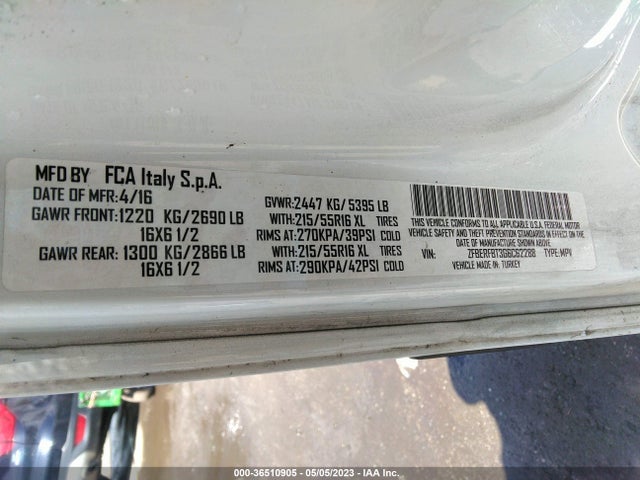 2016 RAM PROMASTER CITY CARGO VAN TRADESMAN SLT VIN: ZFBERFBT3G6C62288