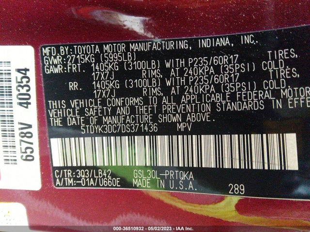 2013 TOYOTA SIENNA XLE AAS/XLE/LTD VIN: 5TDYK3DC7DS371436