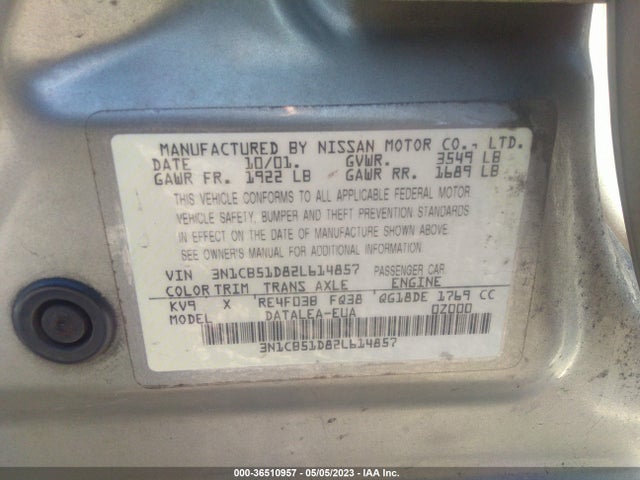 2002 NISSAN SENTRA GXE VIN: 3N1CB51D82L614857