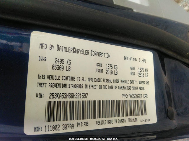 2006 DODGE CHARGER R/T VIN: 2B3KA53H66H321597