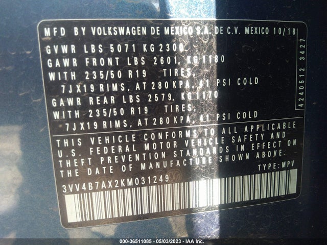 3VV4B7AX2KM031249 Volkswagen Tiguan Sel Premium