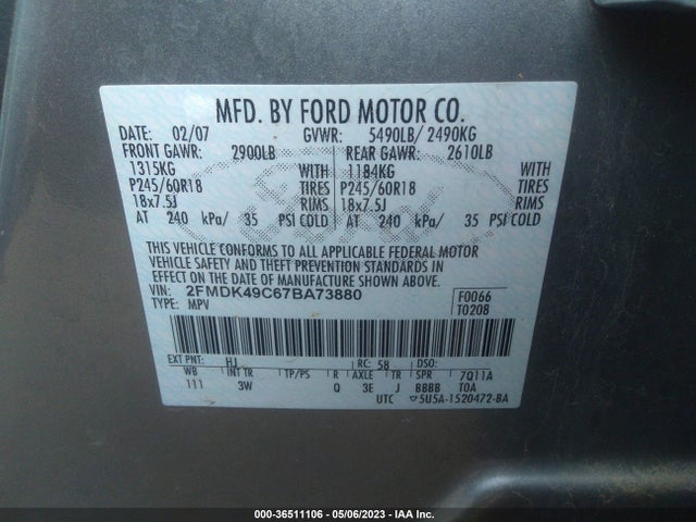 2007 FORD EDGE SEL PLUS VIN: 2FMDK49C67BA73880