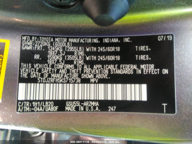 Toyota Highlander Xle 2019 5TDJZRFH5KS715738 Image 9