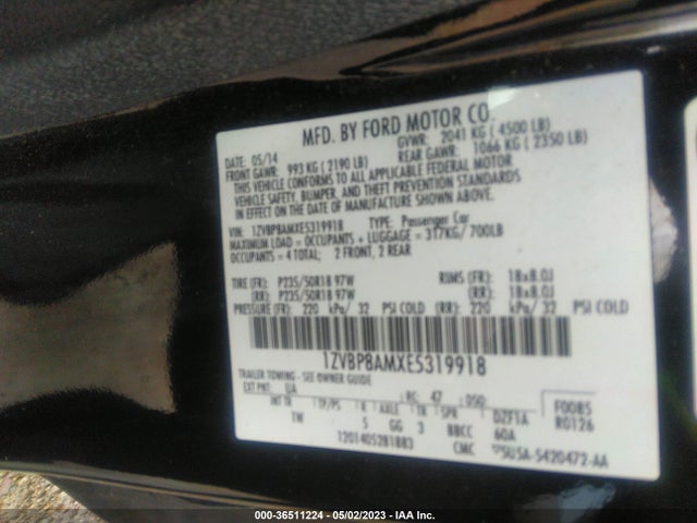 2014 FORD MUSTANG V6 VIN: 1ZVBP8AMXE5319918