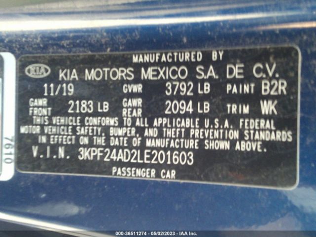 3KPF24AD2LE201603 KIA Forte Lxs