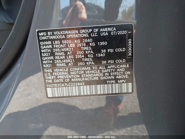 1V2TE2CA7LC222843 Volkswagen Atlas Cross Sport 3.6l V6 Sel Premium