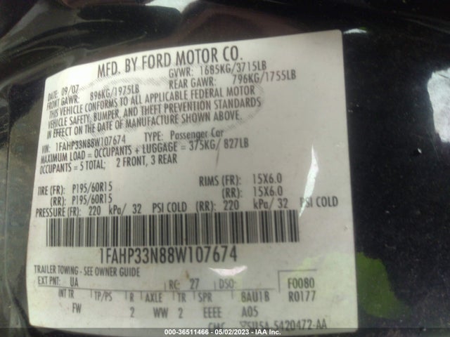 2008 FORD FOCUS SE/SES VIN: 1FAHP33N88W107674