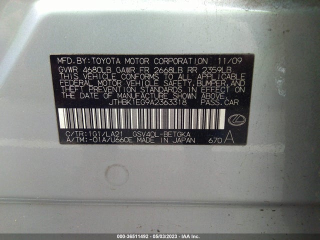 2010 LEXUS ES 350 VIN: JTHBK1EG9A2363318