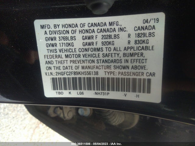 2019 HONDA CIVIC SEDAN SPORT VIN: 2HGFC2F89KH556138