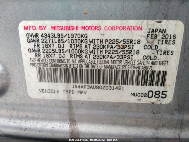 JA4AP3AU8GZ031421 Mitsubishi Outlander Sport 2.0 Es