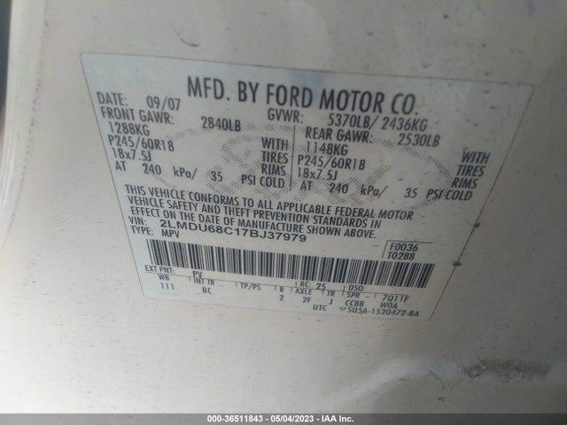 2007 LINCOLN MKX VIN: 2LMDU68C17BJ37979