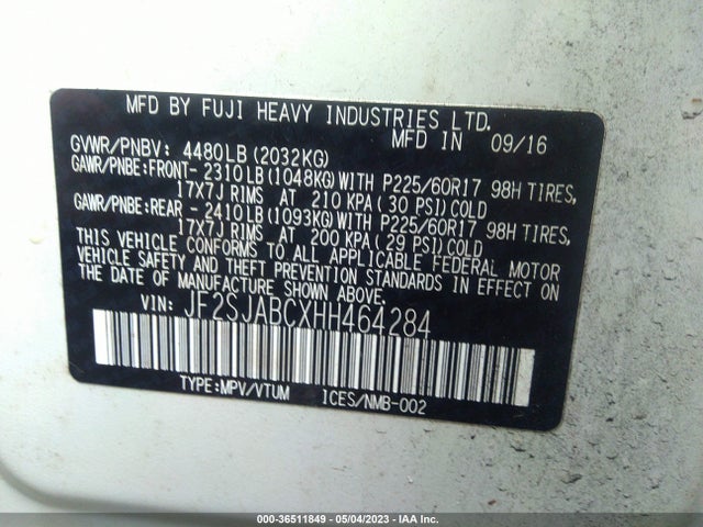 2017 SUBARU FORESTER VIN: JF2SJABCXHH464284