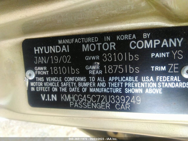 2002 HYUNDAI ACCENT GL VIN: KMHCG45C72U339249