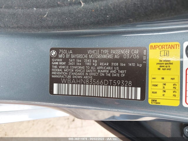 2006 BMW 7 SERIES 750LI VIN: WBAHN83566DT59328