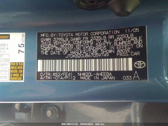 2006 TOYOTA PRIUS VIN: JTDKB20U867059749