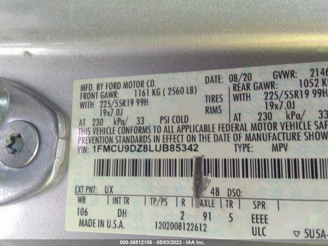 2020 FORD ESCAPE TITANIUM HYBRID VIN: 1FMCU9DZ8LUB85342