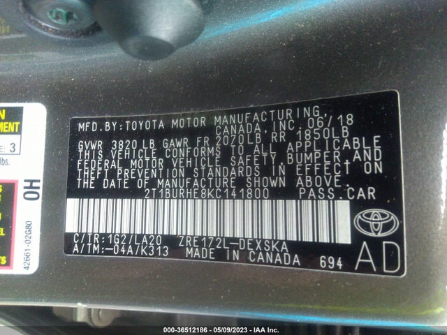 2019 TOYOTA COROLLA L/LE/SE/XLE/XSE VIN: 2T1BURHE8KC141800