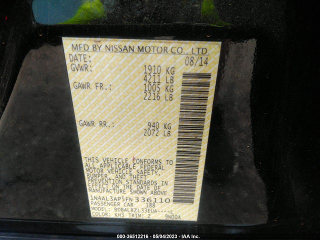 2015 NISSAN ALTIMA 2.5 SL VIN: 1N4AL3AP5FN336110
