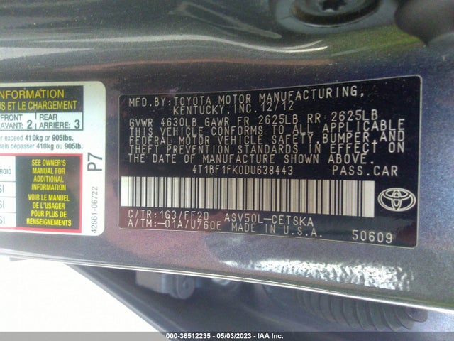 2013 TOYOTA CAMRY L/LE/SE/XLE VIN: 4T1BF1FK0DU638443