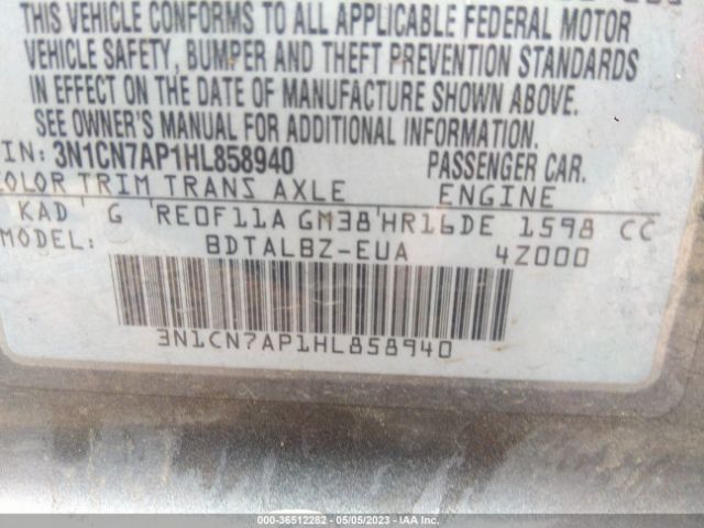 3N1CN7AP1HL858940 Nissan Versa Sedan Sv