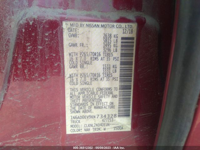 1N6AD0EV9KN734328 Nissan Frontier Sv