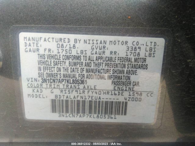 3N1CN7AP7KL805361 Nissan Versa Sedan S