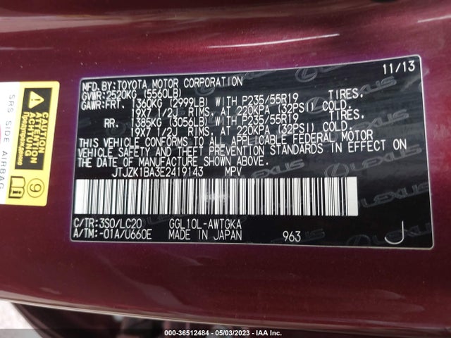 JTJZK1BA3E2419143 Lexus RX 350