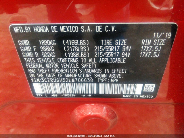 2020 HONDA HR-V EX VIN: 3CZRU6H52LM706638