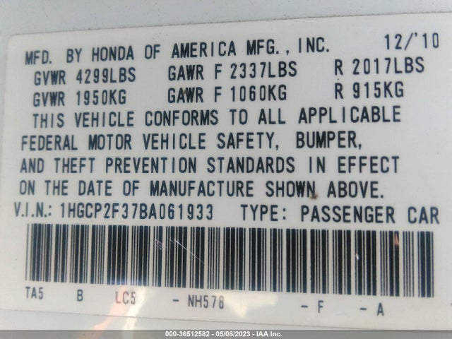 2011 HONDA ACCORD SDN LX VIN: 1HGCP2F37BA061933