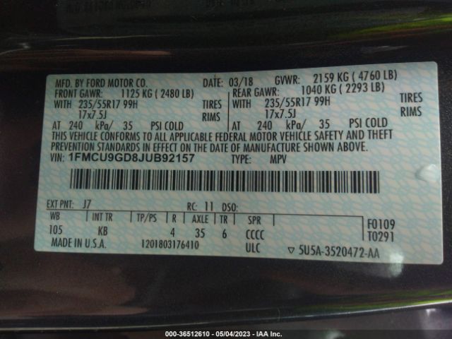 1FMCU9GD8JUB92157 Ford ESCAPE SE