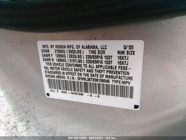 2005 HONDA ODYSSEY EX-L VIN: 5FNRL38735B108946