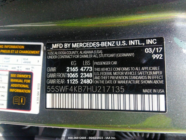 2017 MERCEDES-BENZ C-CLASS C 300 VIN: 55SWF4KB7HU217135