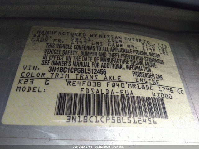 2011 NISSAN VERSA 1.8 S VIN: 3N1BC1CP5BL512456