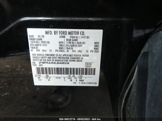 2020 FORD EDGE SEL/ST-LINE VIN: 2FMPK4J9XLBA90236