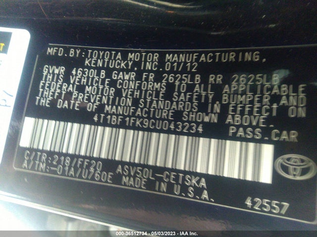 2012 TOYOTA CAMRY L/LE/SE/XLE VIN: 4T1BF1FK9CU043234
