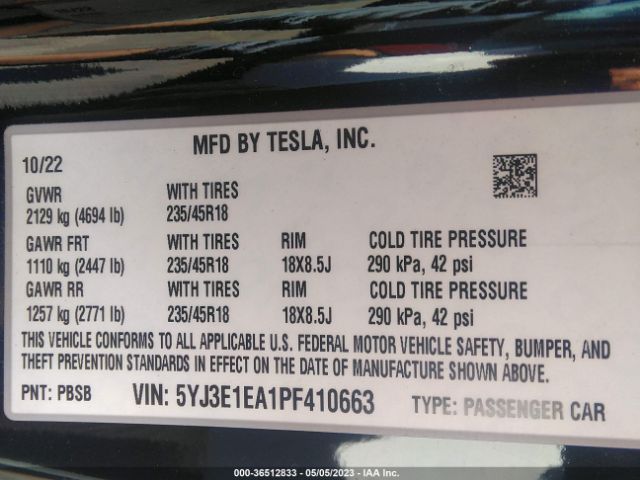 5YJ3E1EA1PF410663 Tesla MODEL 3