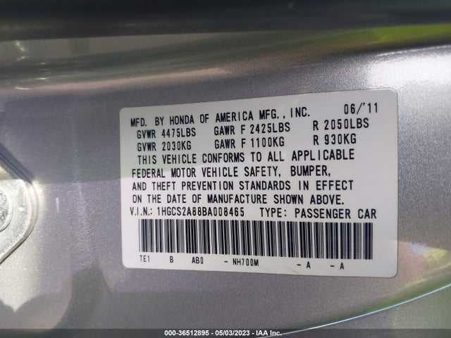 2011 HONDA ACCORD CPE EX-L VIN: 1HGCS2A88BA008465