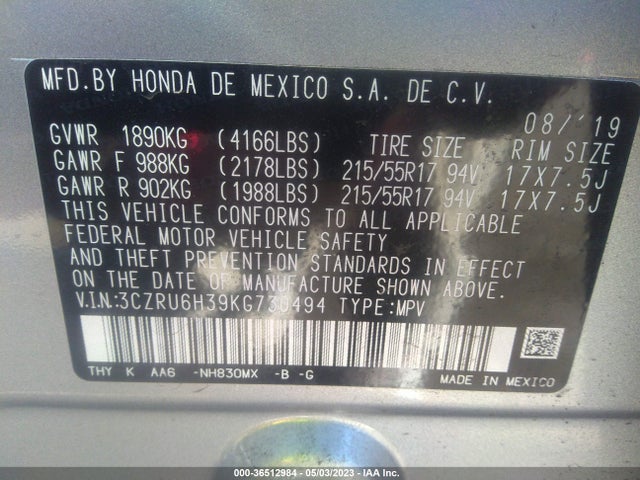 Honda HR-V LX 2019 3CZRU6H39KG730494 Image 9