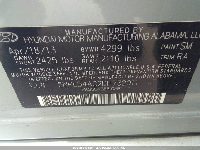 2013 HYUNDAI SONATA GLS VIN: 5NPEB4AC2DH732011